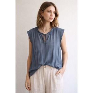Adrianna Papell Slate Blue‎ Pleated Tie Neck Sleeveless Blouse Top Size Large